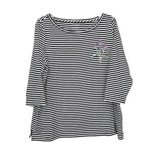 Talbots Plus Black Striped Embroidered Sequined Thistle 3/4 Sleeve T-Shirt 1X
